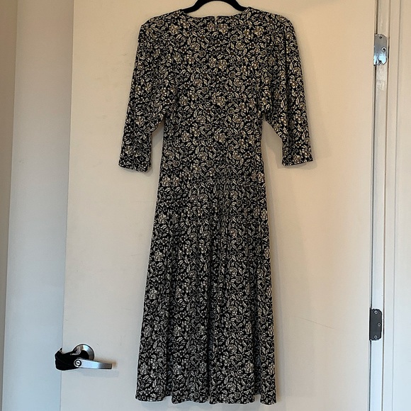 Vintage Black and White Floral Midi Dress, Size 8 - Picture 1 of 6